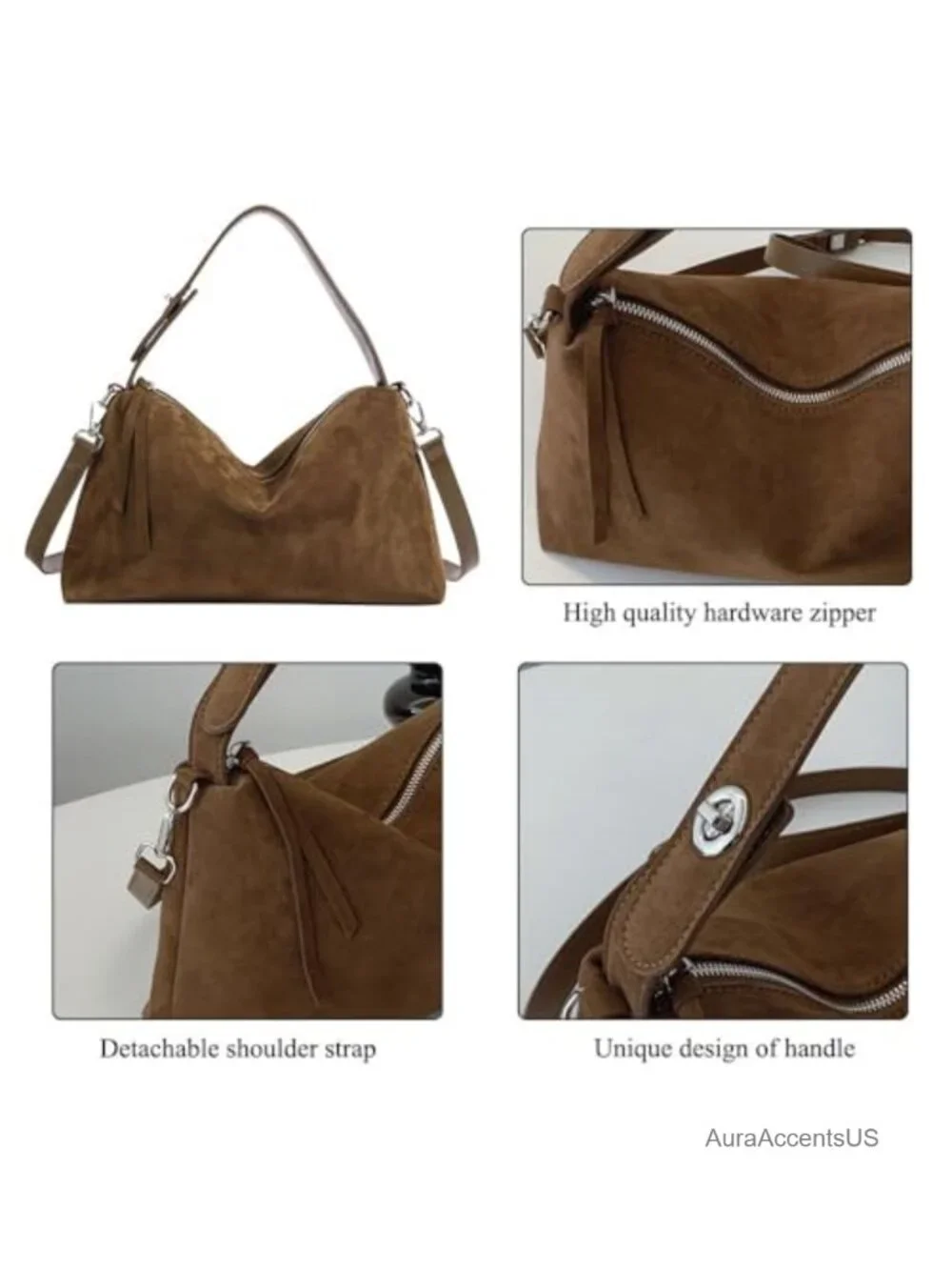 Faux Suede Hobo Bag Women Convertible Crossbody Purse with Flower Keychain